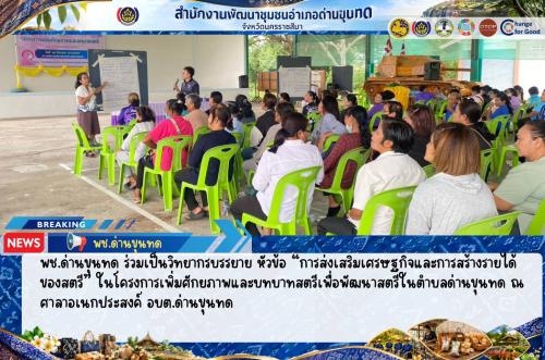 พช.ด่านขุนทด ร่วมเป็นวิทยากรบรรยาย หัวข้อ “การส่งเสริมเศรษฐกิจและการสร้างรายได้ของสตรี” ในโครงการเพิ่มศักยภาพและบทบาทสตรีเพื่อพัฒนาสตรีในตำบลด่านขุนทด ณ ศาลาอเนกประสงค์ อบต.ด่านขุนทด